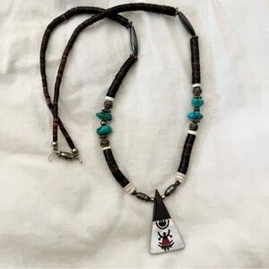 Vintage Native American Crown Dancer Inlay Turquoise Sterling Bead Necklace